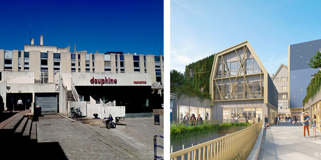 façade d'origine du centre dauphine et perspective du projet de Demathieu et Bard Immobilier