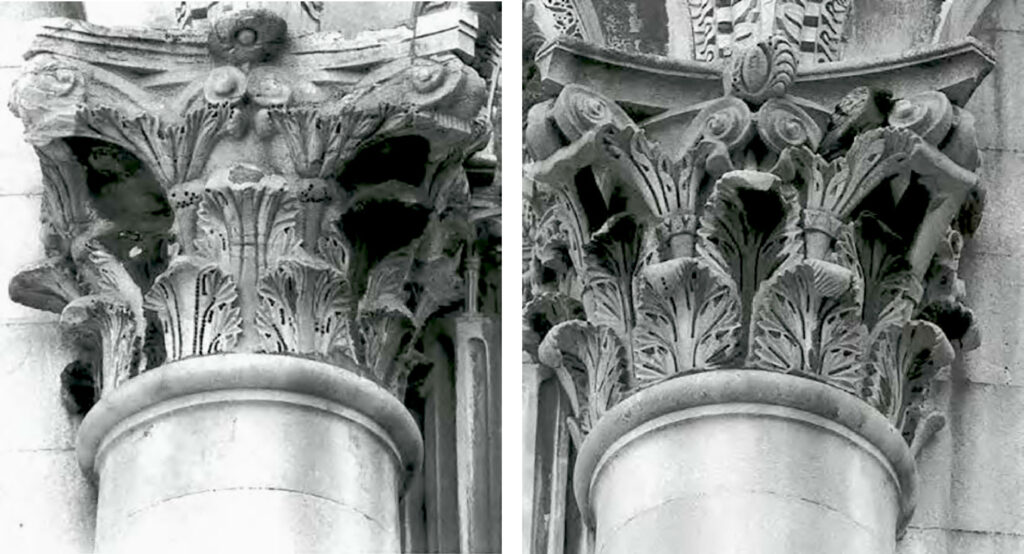 ©M.M. Donato, ‘Costruita dai suoi cittadini’ , Cathédrale de Pise, deux chapiteaux réemployés d’époques différentes, du IIe siècle (gauche), et du XIe (droite)
