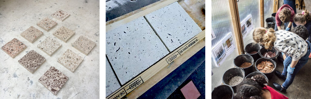 à gauche - © Studio Ciguë, dalles de sol intégrant des fractions inertes réemployées  – à droit - ©Atelier Na, atelier de confection de terrazzo à partir de déchets inertes dans le cadre du projet, Les grands voisins, Paris