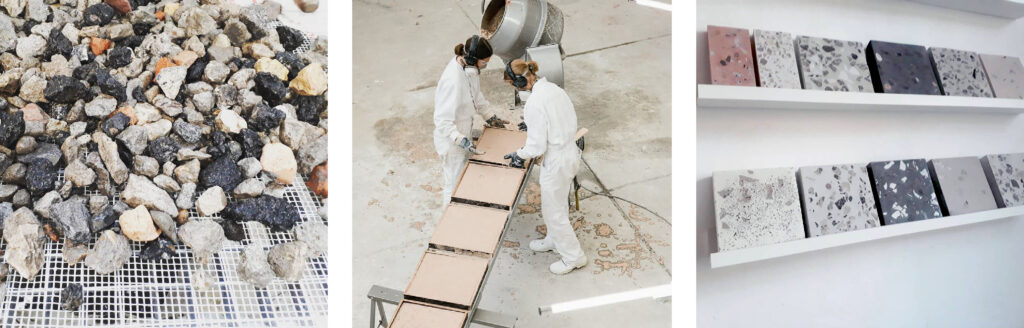 marbres concassés, laboratoire de fabrication, échantillons de terrazzo par l'entreprise TFOB