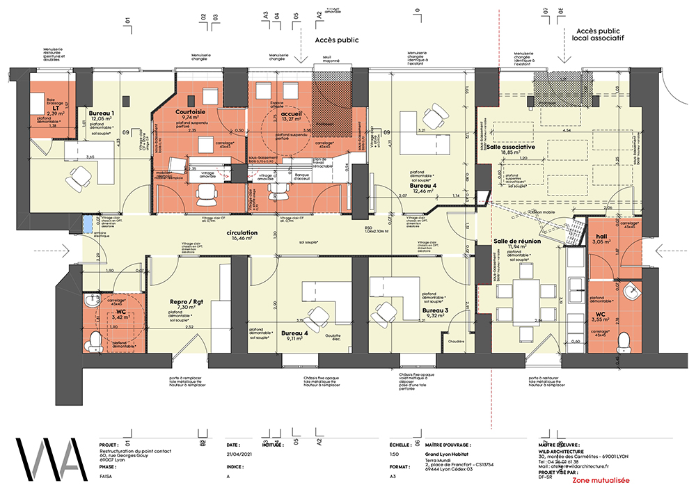 ©Wild Architecture, plan du point contact, les matériaux suivis d’un * seront issus du réemploi