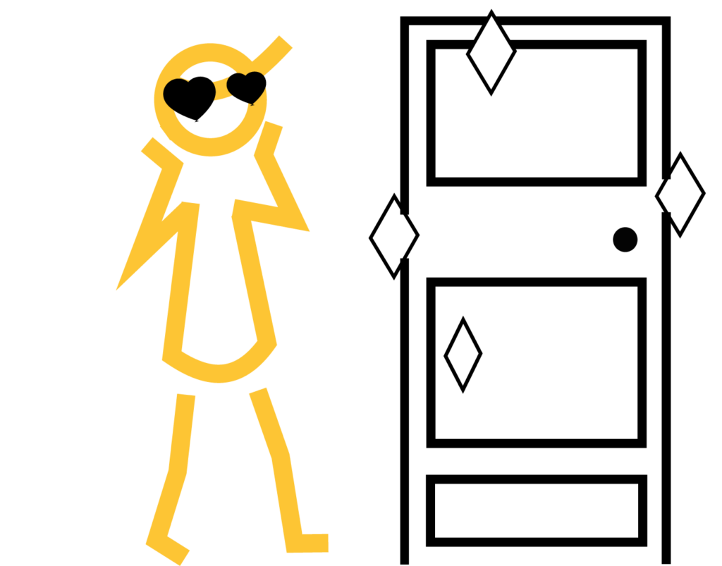 Pictogramme illustrant une personne émerveillée par le réemploi d'une porte.