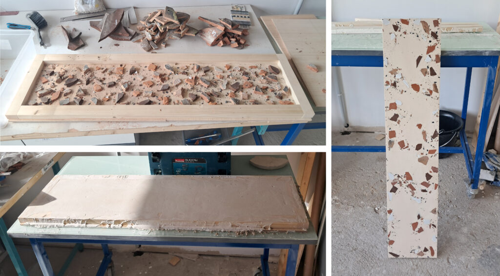 Test grandeur nature de la fabrication d'un terrazzo de réemploi