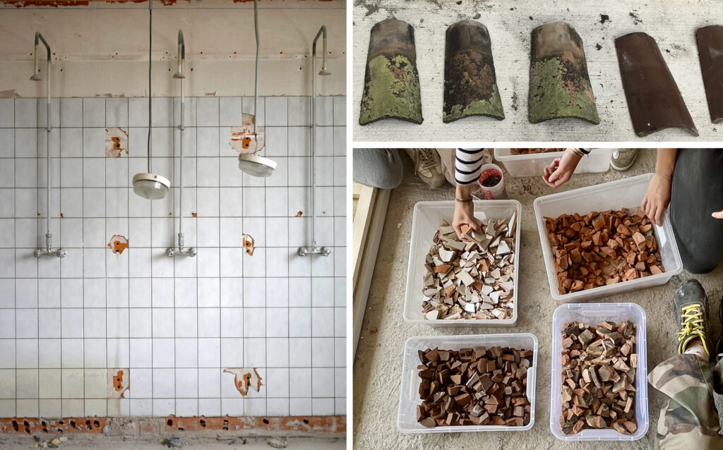 Images des différents matériaux utilisés pour la réalisation du terrazzo de réemploi : faïence, tuiles et autres matériaux concassés
