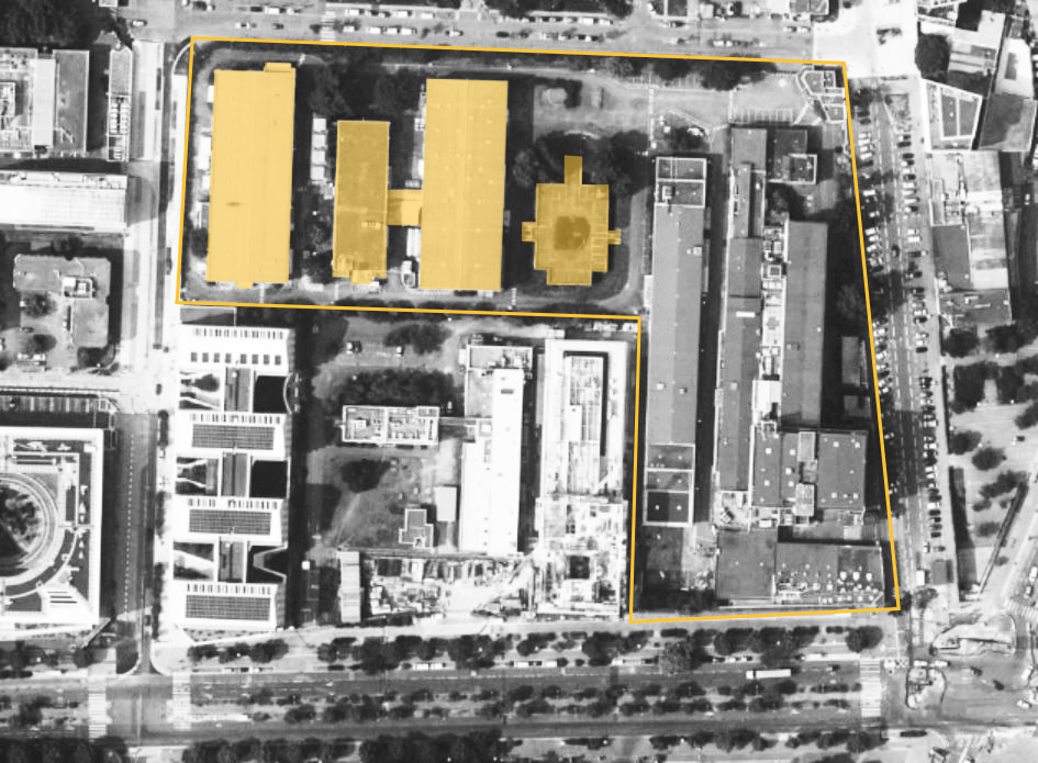 Vue arienne du projet de déconstruction des laboratoires pharmaceutiques de Boehringer Ingelheim à Lyon sur le site des anciens abattoirs Tony Garnier