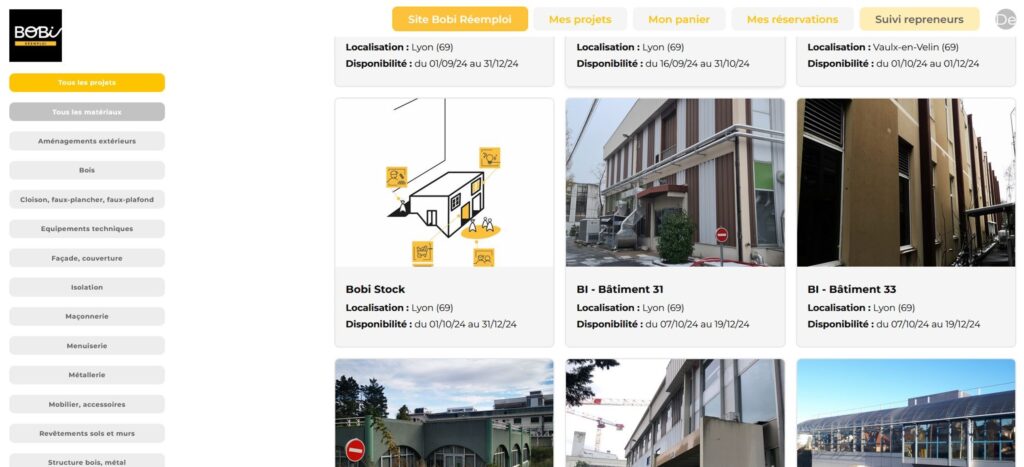 Aperçu du catalogue en ligne de matériaux de réemploi du bureau d'études Bobi Réemploi à Lyon