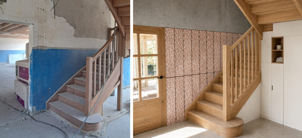 Photo avant travaux de notre entrée et image en conception 3D du projet visé faisant apparaitre le terrazzo de réemploi